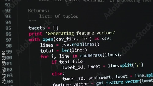 developer software source code on monitor screen. writing script of software developer. program coding. programmer editing code background. Technology background close up shot.
