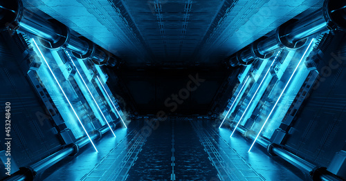 Fototapeta Naklejka Na Ścianę i Meble -  Blue spaceship interior with neon lights on panel walls. Futuristic corridor in space station background. 3d rendering