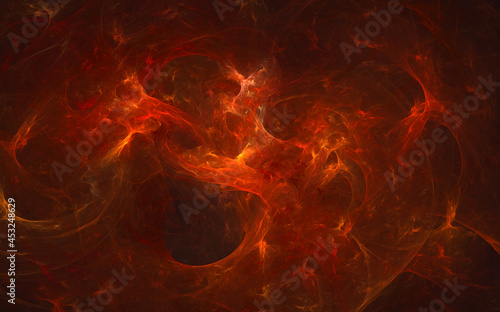 Red hot glowing 3d nebula  fiery cosmic cluster in dark abyss of space. Abstract digital illustration great as background  cover  presentation  flyer or element of design. 