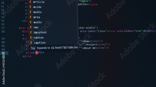 developer software source code on monitor screen. writing script of software developer. program coding. programmer editing code background. Technology background close up shot.