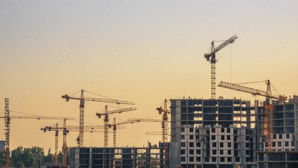 Lots of Cranes at the Evening Construction. Time Lapse Lots of Cranes at the Evening Construction. Time Lapse