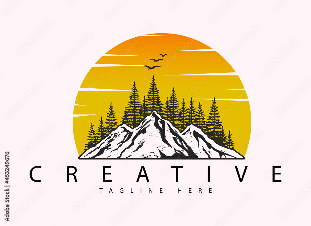 Mountain, fir tree and sunrise logo design template with moon and tree silhouette landscape design