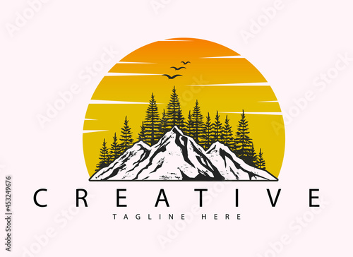 Mountain, fir tree and sunrise logo design template with moon and tree silhouette landscape design