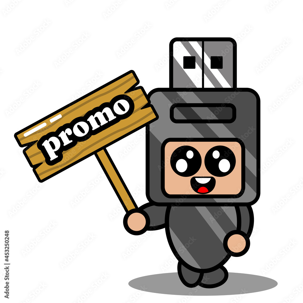 doodle vector cartoon cute flash drive mascot costume character holding promo board
