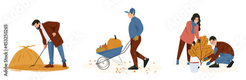 Set of young people are harvesting. A man and a woman working on the farm picking vegetables, grains and berries in the fall. Flat vector illustration