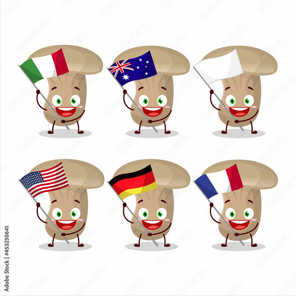 Milk mashroom cartoon character bring the flags of various countries Milk mashroom cartoon character bring the flags of various countries