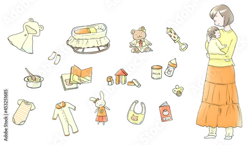 赤ちゃんを抱く女性とベビー用品のイラストセット