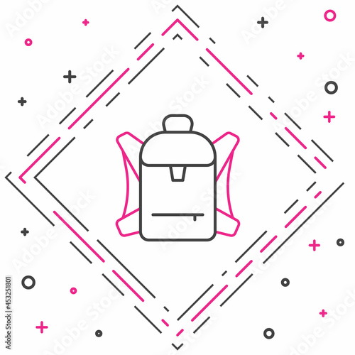 Line Hiking backpack icon isolated on white background. Camping and mountain exploring backpack. Colorful outline concept. Vector