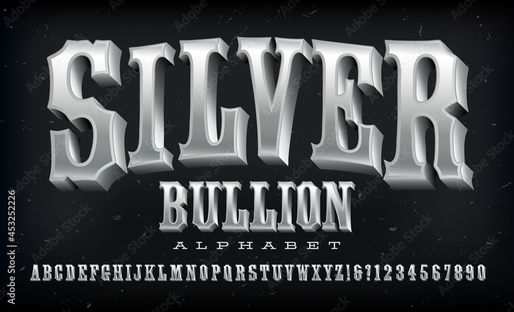 Silver Bullion western style alphabet. A condensed ornate font with a 3d shiny silver metallic effect. - obrazy, fototapety, plakaty 