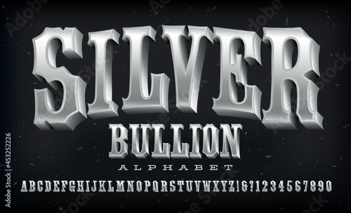 Silver Bullion western style alphabet. A condensed ornate font with a 3d shiny silver metallic effect.