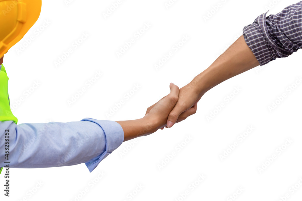 Top view of Engineer man and worker handshake with clipping path on white background for concepts