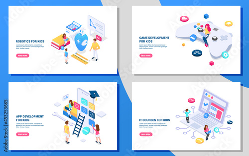 Technical courses for children. Set of 4 isometric concepts. Vector illustrations on white background.