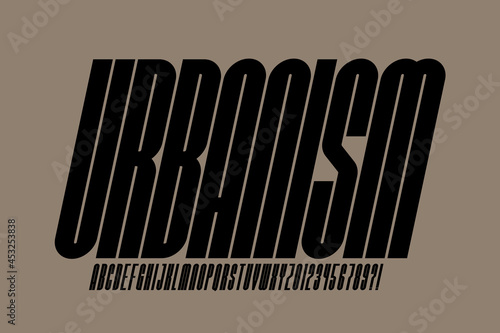 Super condensed style font, urban alphabet, letters and numbers vector illustration