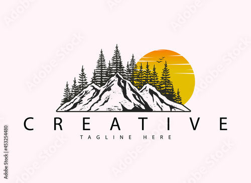 Logo design template, fir tree sunset, fir tree and sunrise with moon and tree silhouette landscape design