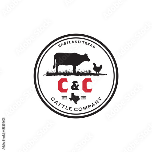 Texas cow and chicken cattle company emblem vintage logo design