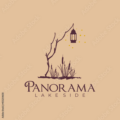 dry tree, lantern and flying fire fly on the lake side logo design