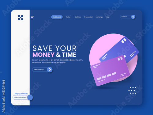 Save Your Money & Time Based Landing Page With Payment Cards In Blue Color.