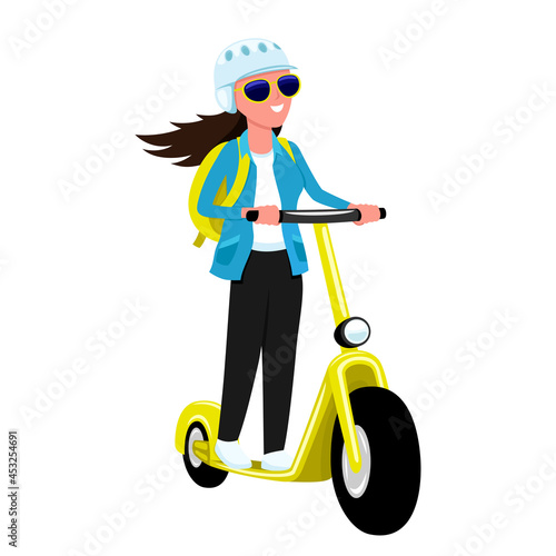 A woman in a helmet and sunglasses rides an electric scooter on a white background. 