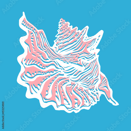 Seashell hand drawn doodle freehand sketch on blue background. Amazing inhabitant of the seabed, cockleshell for logo, icons, postcards. Stock vector illustration. 