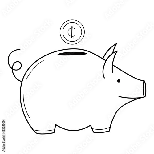 Piggy bank with a coin. A symbol of accumulation, saving money. Hand-drawn black and white vector illustration. Isolated on a white background