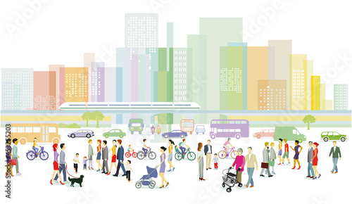 Stadt mit Personengruppen und Verkehr Illustration