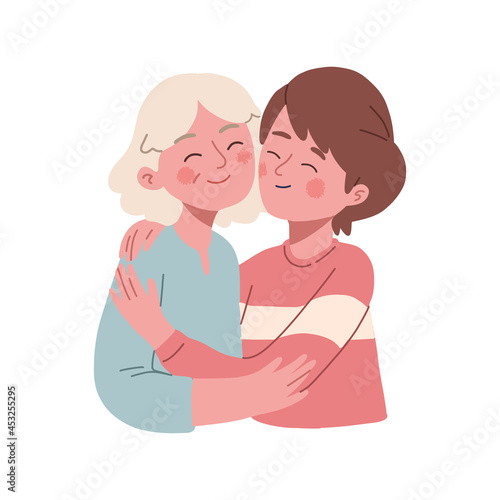 .an old mother hugs her grown child