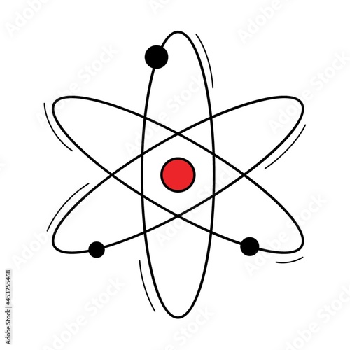 The symbol of the atom. Doodle outline style. A chemical sign. Hand-drawn Colorful vector illustration. The design elements are isolated on a white background.