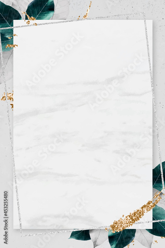 Rectangle silver frame with foliage on marble texture background vector