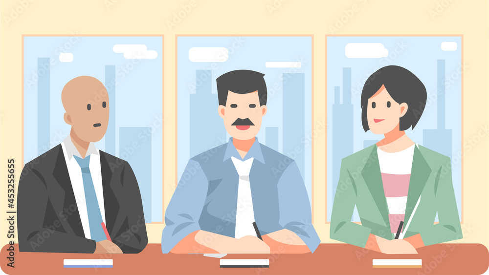 illustration of male and female office workers having a meeting. against a backdrop of walls and buildings. suitable for business theme, work, gathering, etc. flat vector design illustration of male and female office workers having a meeting. against a backdrop of walls and buildings. suitable for business theme, work, gathering, etc. flat vector design