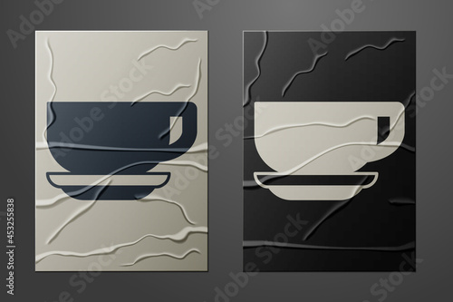 White Coffee cup icon isolated on crumpled paper background. Tea cup. Hot drink coffee. Paper art style. Vector