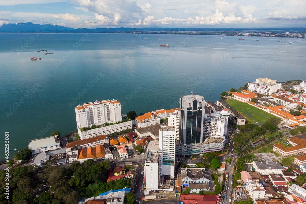 Aerial view of the coast of Georgetown, Penang island.