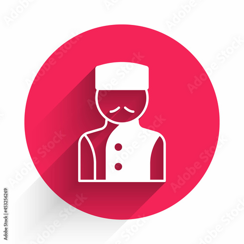 White Concierge icon isolated with long shadow background. Red circle button. Vector