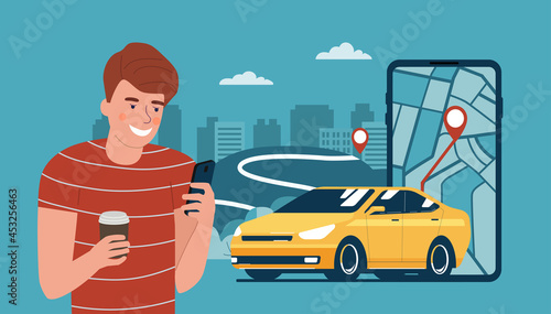 Young man uses a car rental or taxi service on her smartphone. Vector illustration.