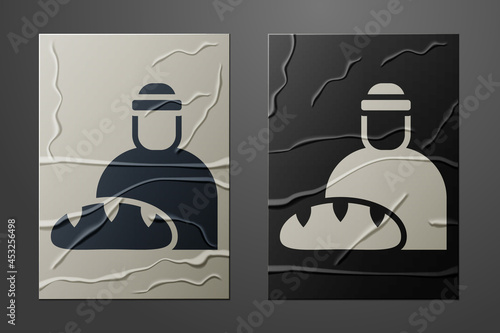White Feeding the homeless icon isolated on crumpled paper background. Help and support. Giving food to the hungry concept. Paper art style. Vector