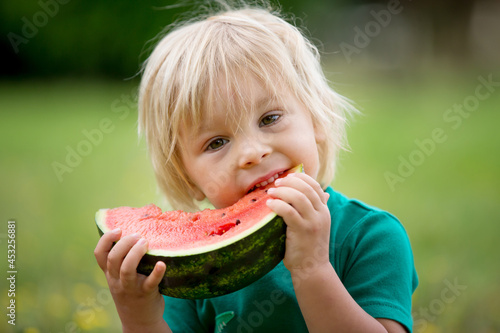 Cute little toddler child, blond boy, eating watermelon in the park with some teddy bear