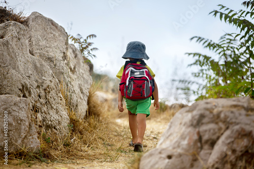 Cute preschool boy with backpack, walking in a mountain on a cloudy day