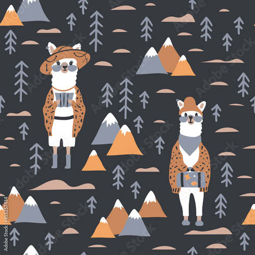 Funny cute seamless pattern with a llama in a hat against a background of mountains, cacti, and stars.Creative children's llama texture.For printing children's textiles, fabrics, decor, gift wrapping.