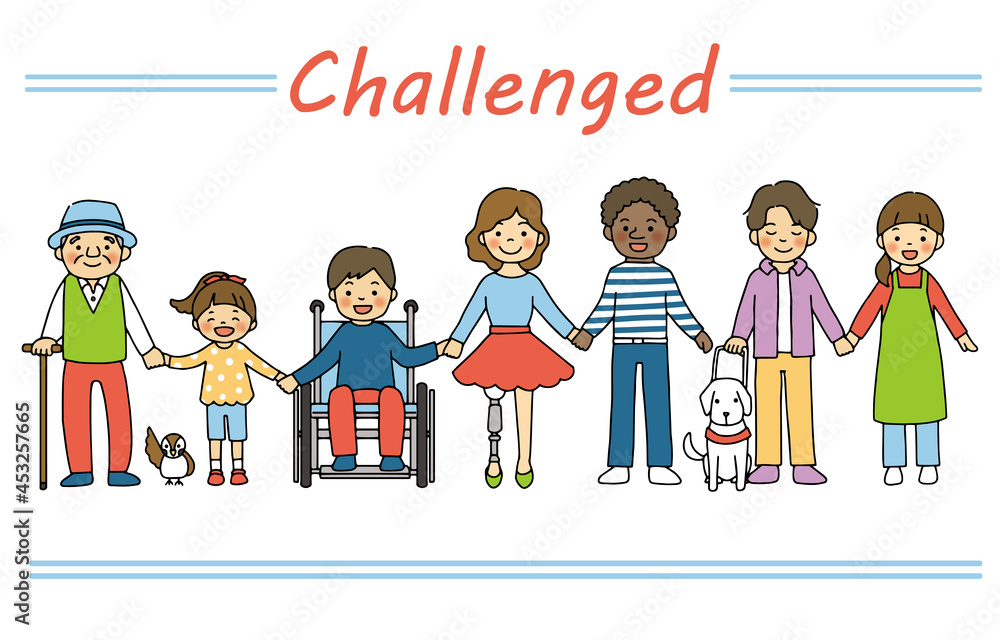 義足 車椅子 視覚障害 聴覚障害 様々な人種 年齢の人々のイラスト Stock Vector Adobe Stock