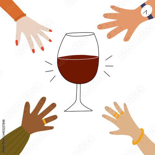 A glass of red wine with hands around trying to take it concept doodle vector illustration