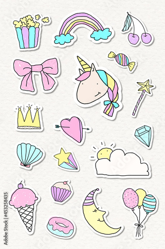 Cute pastel doodle journal sticker with a white border set on a beige background vector © Rawpixel.com