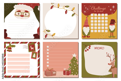 Set of memo Christmas santa reindeer and ornaments stationery for notes, tasks, to do list, organizer and planner