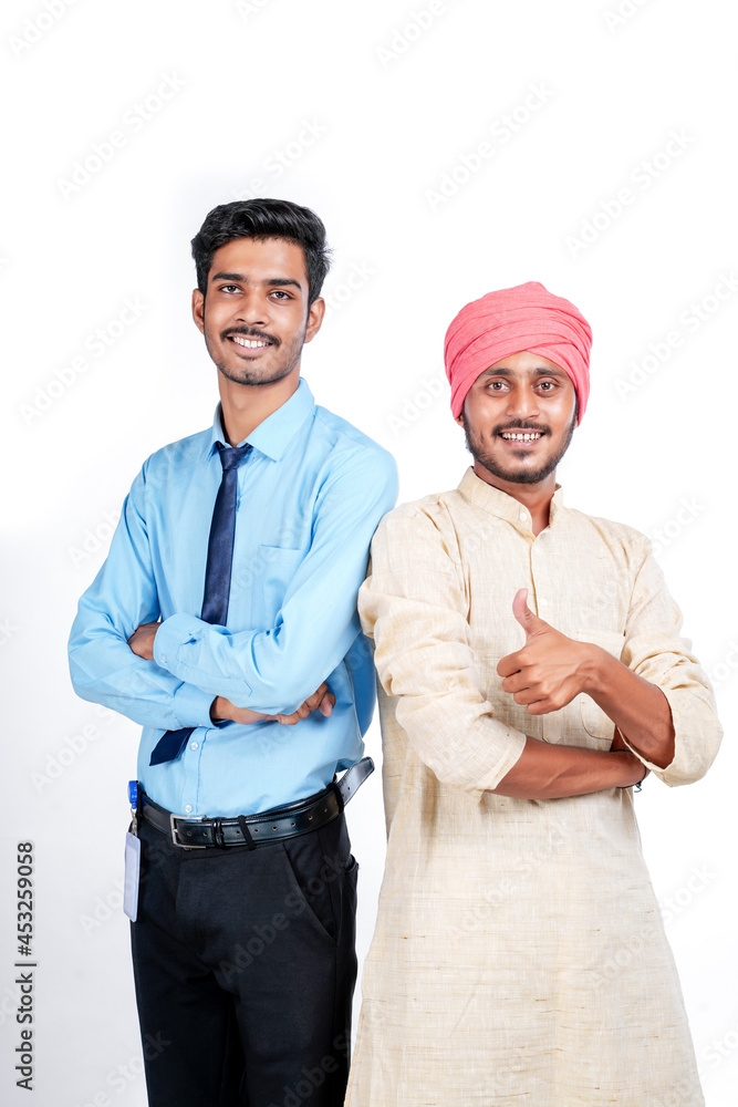 Young indian officer with farmer on white background. Young indian officer with farmer on white background.