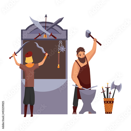 Cartoon medieval fair. Middle ages or fairy tale fair market with characters standing in costumes. Sell various fight products