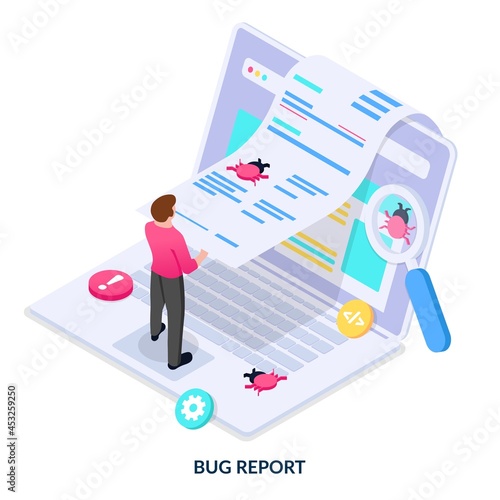 Testing applications for bugs and threats and generating a report. Isometric vector illustration on white background.