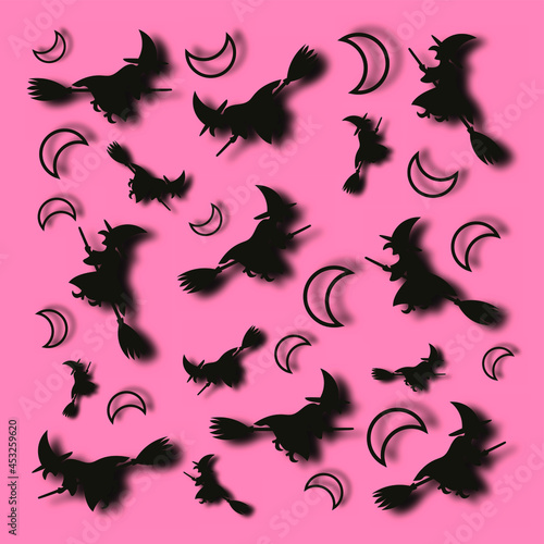 Square Halloween pattern with half moon and flying witches