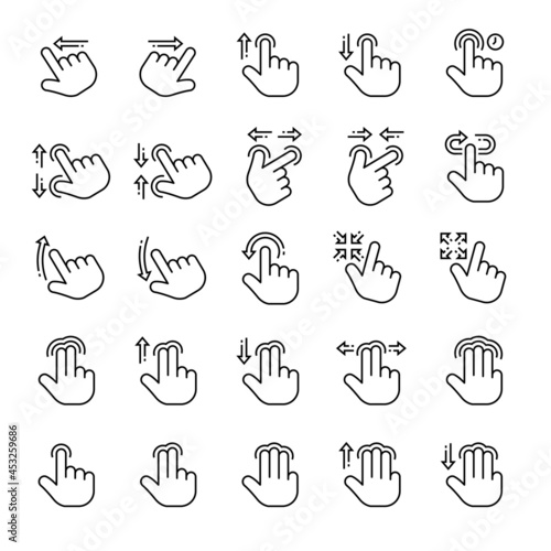 Action gesture for touch screen interfaces, collection of touch screen hand gestures line icons, vector illustration.
