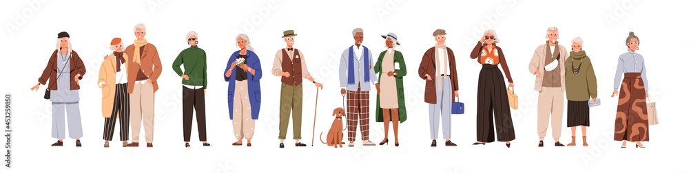 Modern old people and senior couples set. Stylish elderly man and woman in fashion casual clothing. Happy aged person in fashionable outfit. Flat vector illustration isolated on white background Modern old people and senior couples set. Stylish elderly man and woman in fashion casual clothing. Happy aged person in fashionable outfit. Flat vector illustration isolated on white background