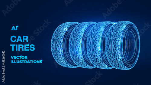 Car tires concept. Vector rendering of 3d. Wire-frame style. The layers of visible and invisible lines are separated Polygonal 3d сar tires in dark blue background. Online cargo delivery, logistic.