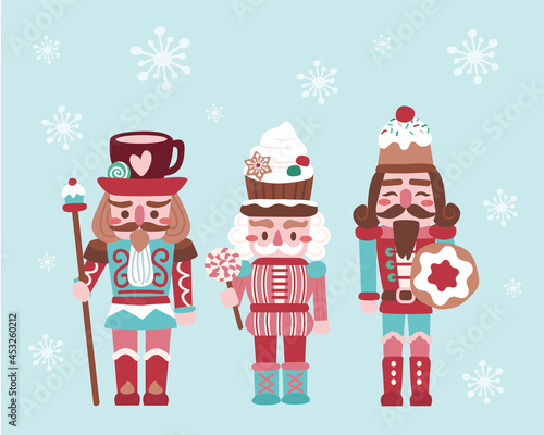 Holiday Christmas cute set nutcracker, biscuits and sweets for cards, media, fabric, linen, textiles and wallpaper