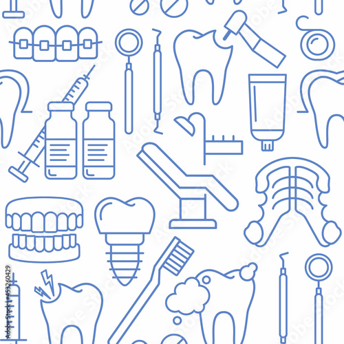 Dentist, orthodontics seamless pattern with line style icons. Health care background for dentistry clinic. Outline dental care, medical equipment, braces, tooth prosthesis, caries treatment background